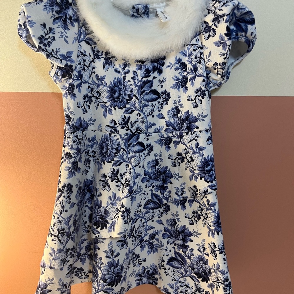 Janie and Jack Blue Floral Dress with White Fur Collar